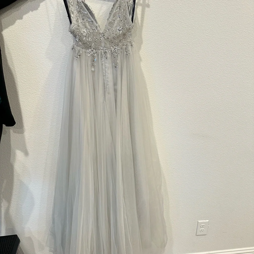 Elegant Silver Embellished Evening Gown - Picture 5 of 16
